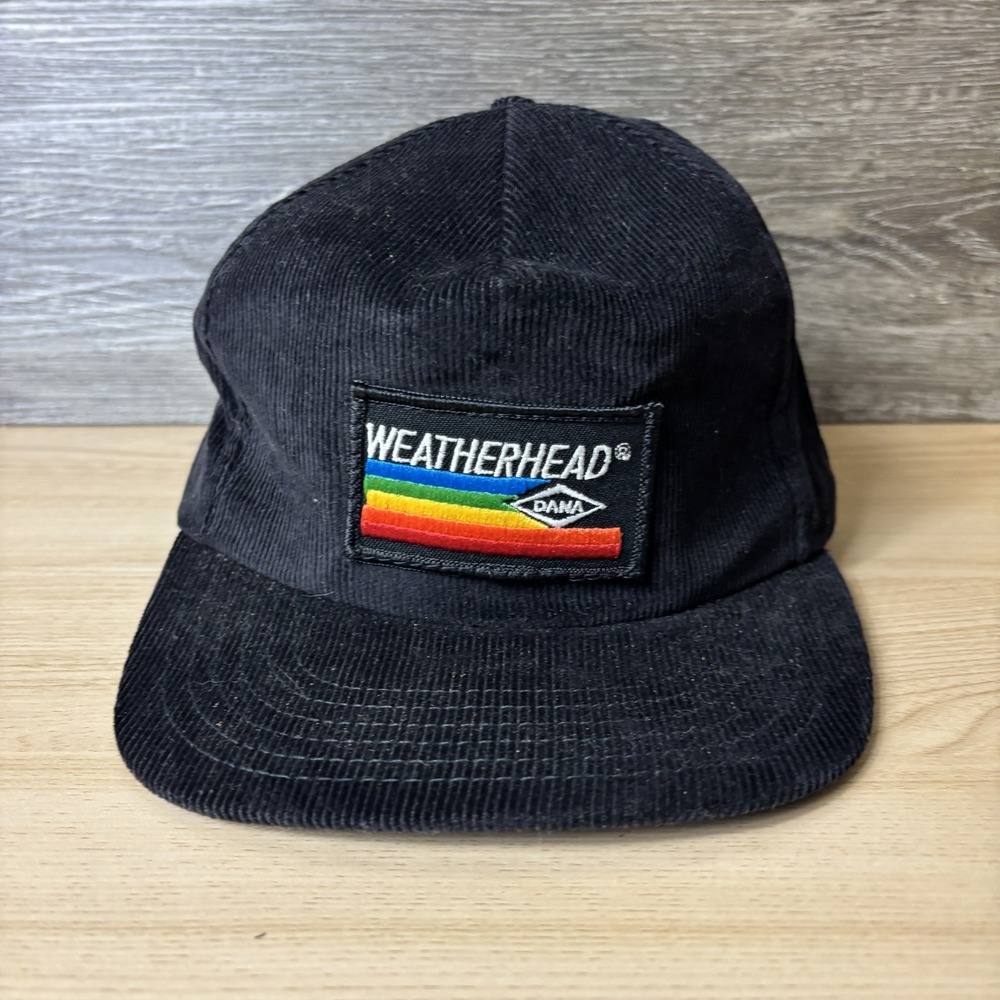 Vintage Weatherhead Hat Cap Snap Back Black‎ Corduroy Patch Mens Made USA 80s